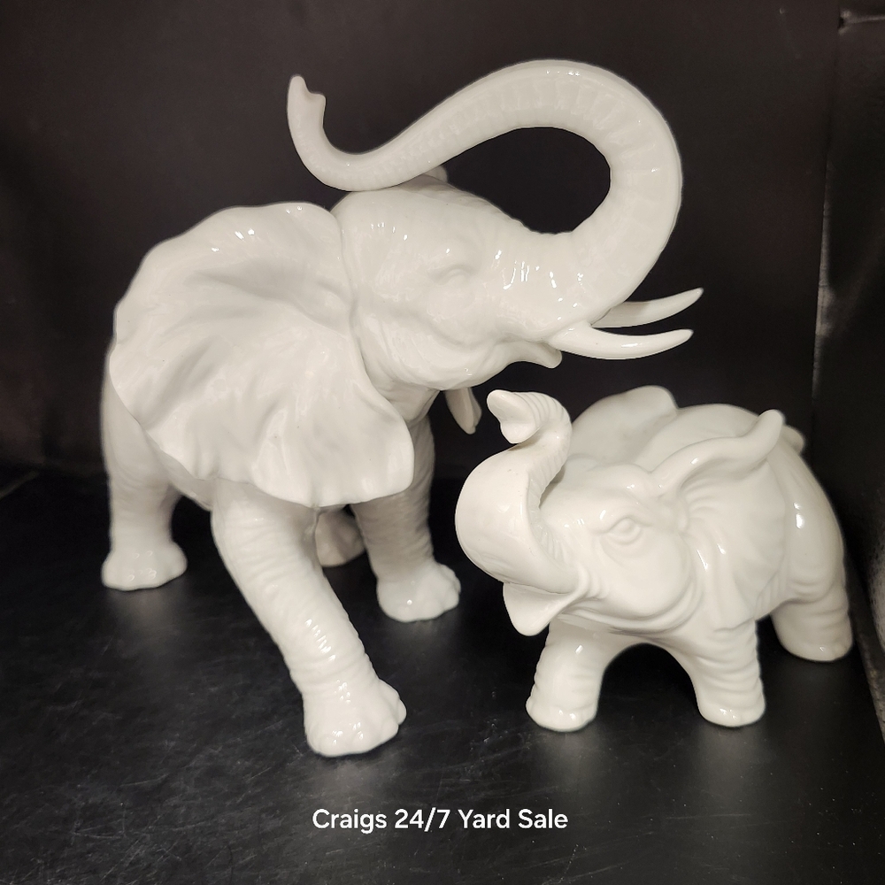 Vintage White Elephants Mother & Baby Porcelain Trunks Up Good Luck
